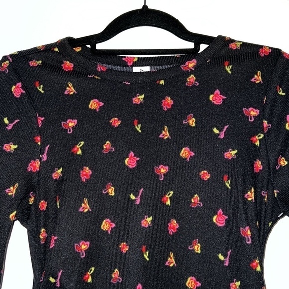 Abound Nordstrom black floral ribbed dress medium ruched sides - Picture 4 of 8